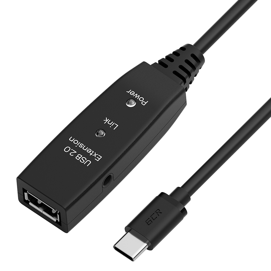 GCR PRO Кабель-переходник активный 7.5m Type-C / AF USB 2.0 с усилителем сигнала, разъём для доп.питания, медь, черный, 28/24 AWG