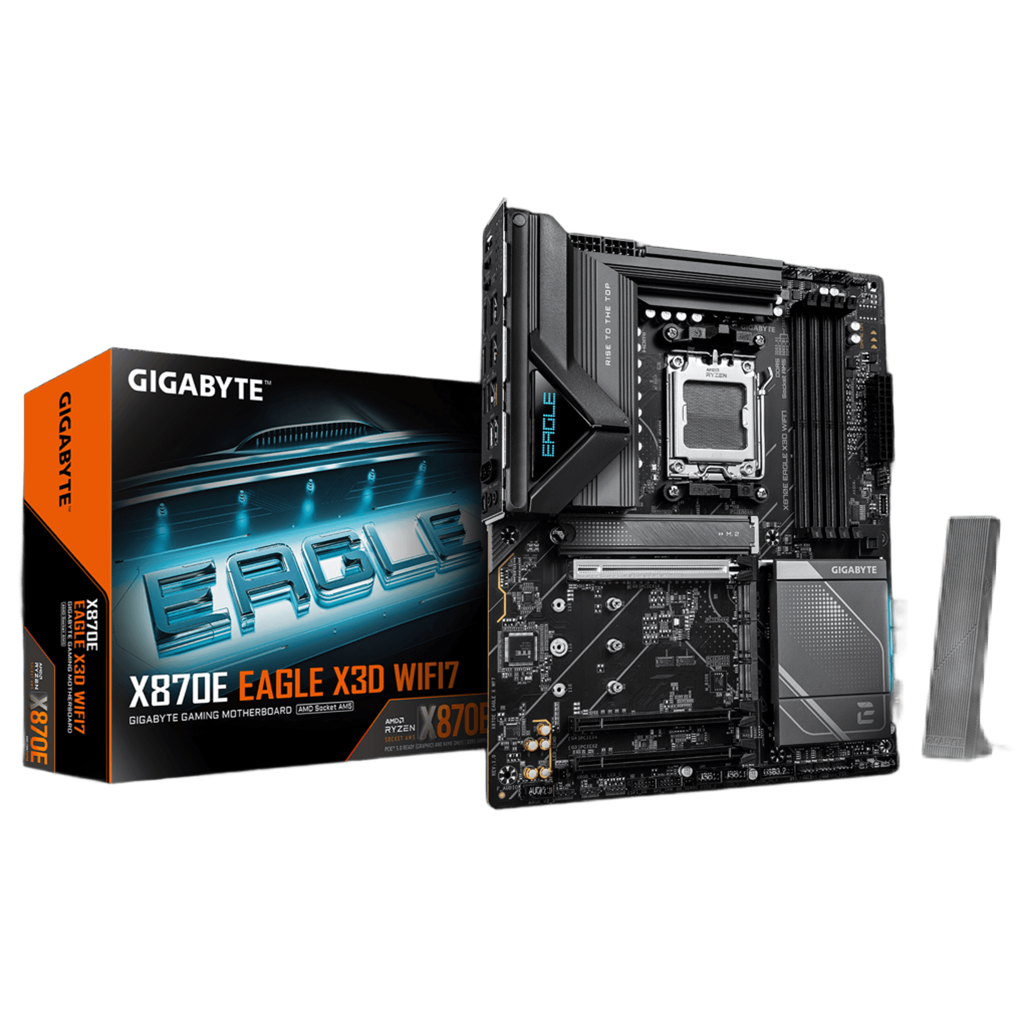 Материнская плата Gigabyte X870E EAGLE X3D WIFI7, AM5, AMD X870E, 4xDDR5, 4xSATA, 4xM.2, 1xPCIe 5.0 x16, 1xPCIe 4.0 x16, 1xPCIe 3.0 x16, 1xHDMI, 1x5Gb LAN, Wi-Fi 7, Bluetooth 5.4, 2xUSB-C 40Gbps (USB4), 1xUSB-C 10Gbps, 4xUSB-A 10Gbps, 4xUSB-A 5Gbps, 3x3.5 мм + S/PDIF оптический, 7.1, чёрный, с подсветкой, ATX