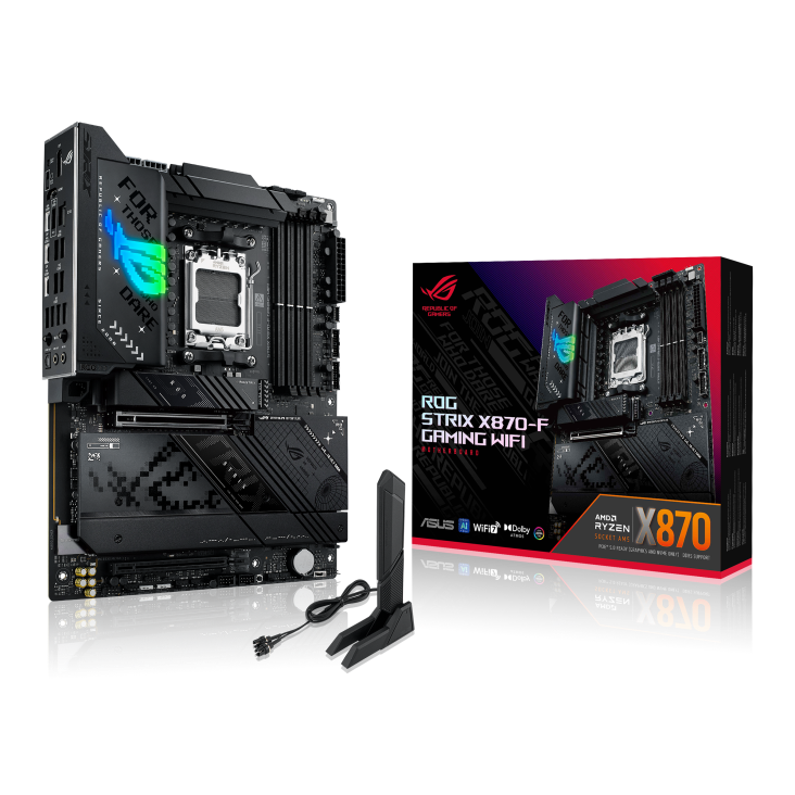 Материнская плата ASUS ROG STRIX X870-F GAMING WIFI, AM5, AMD X870, 4xDDR5, 2xSATA, 4xM.2, 1xPCI-E 5.0 x16, 1xPCI-E 4.0 x4, 1xHDMI, 1xDP, 2xUSB-C USB4, 1xUSB-C 10Gbps, 5xUSB-A 10Gbps, 4xUSB-A 5Gbps, 1x 2.5Gb LAN, 2x3.5 мм, 7.1, ATX