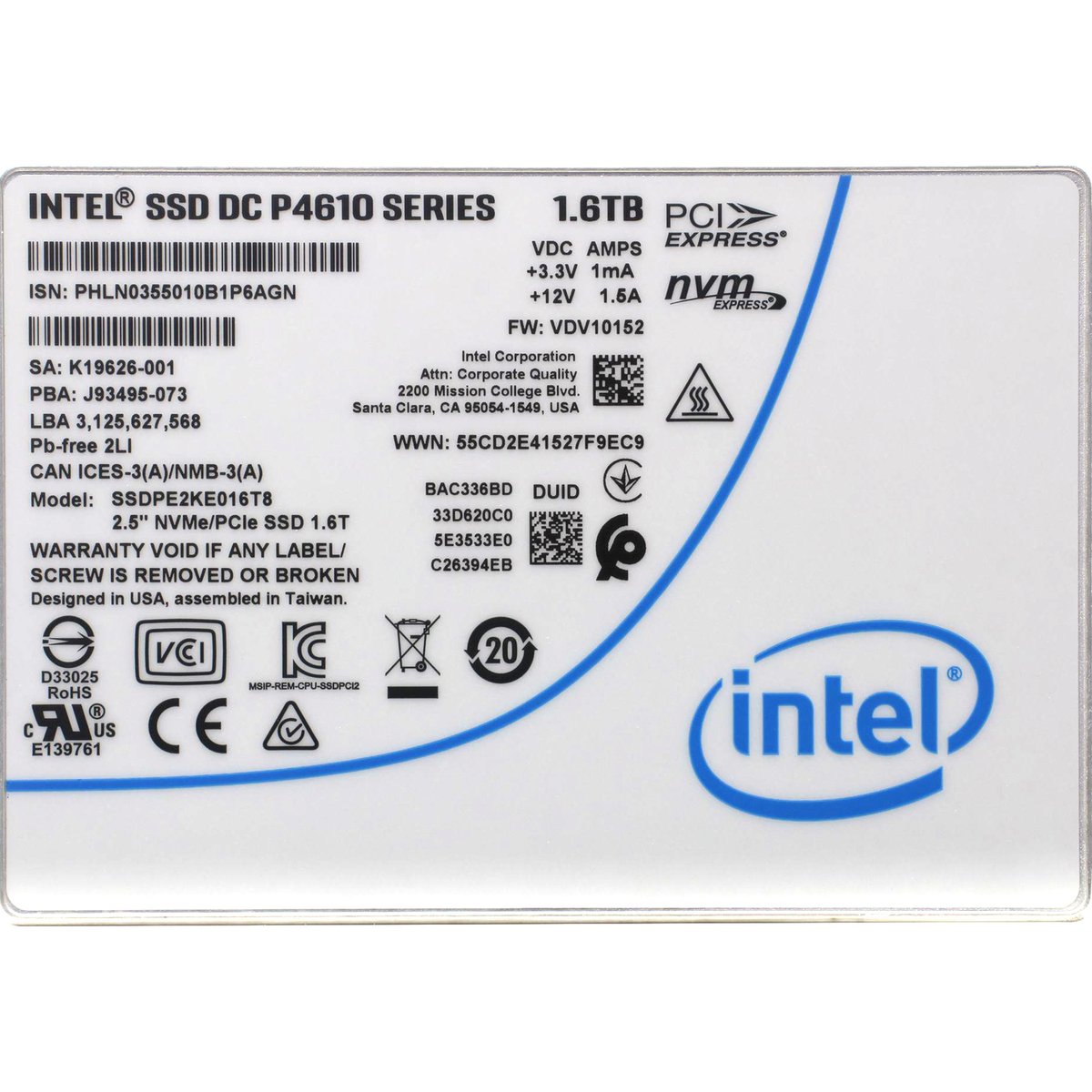 Твердотельный накопитель/ Intel SSD DC P4610 Series, 1.6TB, U.2(2.5" 15mm), NVMe, PCIe 3.1 x4, TLC, R/W 3200/2080MB/s, IOPs 643 000/199 000, TBW 12250, DWPD 4 (12 мес.)