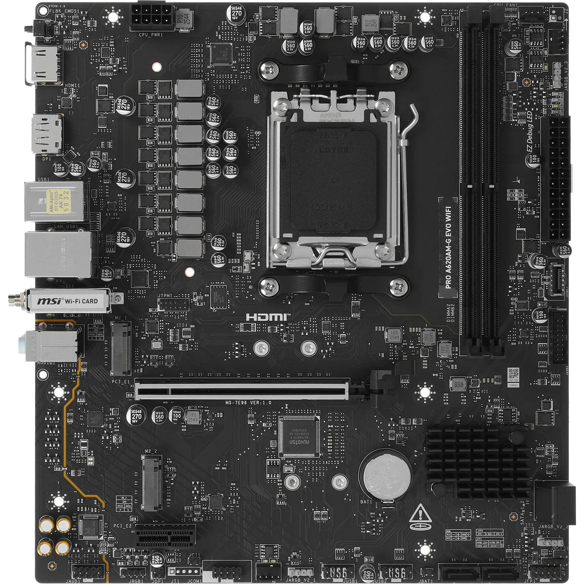 Материнская плата MSI PRO A620AM-G EVO WIFI, AM5, AMD A620A, 2xDDR5, 4xSATA, 2xM.2, 1xPCIe 4.0 x16, DisplayPort, HDMI, 1x2.5Gb LAN, Wi-Fi 6E, Bluetooth, 3x3.5 мм, 7.1, microATX