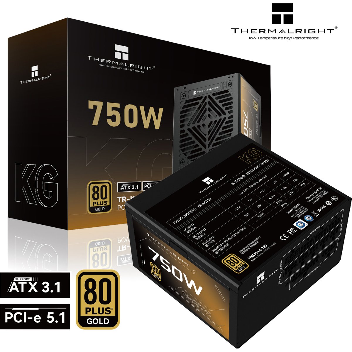 Блок питания 750W/ Power Supply Thermalright, 750W 80+ Gold (ATX, 3.1, PCIe 5.1, Full modular, 1x24(20+4)pin, 2xCPU 8(4+4)pin, 2xPCIe*2 8(6+2)pin, 1x12V-2x6, 8xSATA3, 3xMOLEX4pin, Active, 120x120mm, 150x140x86mm, APFC, OVP, UVP, SCP, OCP, OTP, OPP, black)