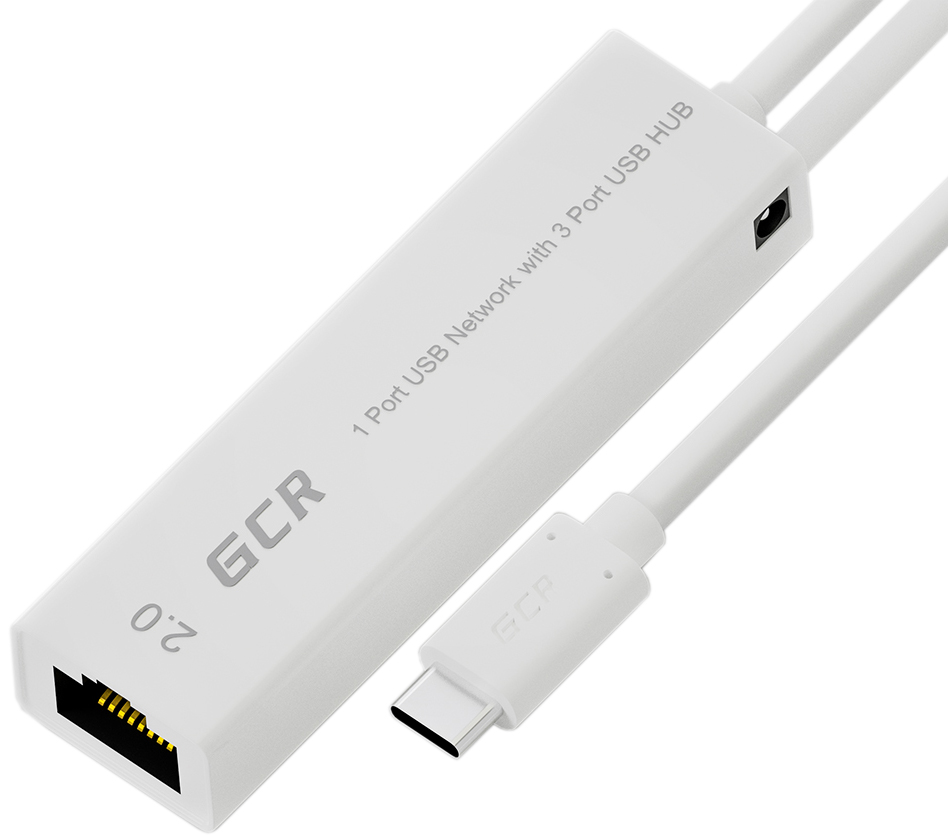 USB HUB TypeC разветвитель на 3 порта USB 2.0 + сетевой адаптер Ethernet RJ-45, белый