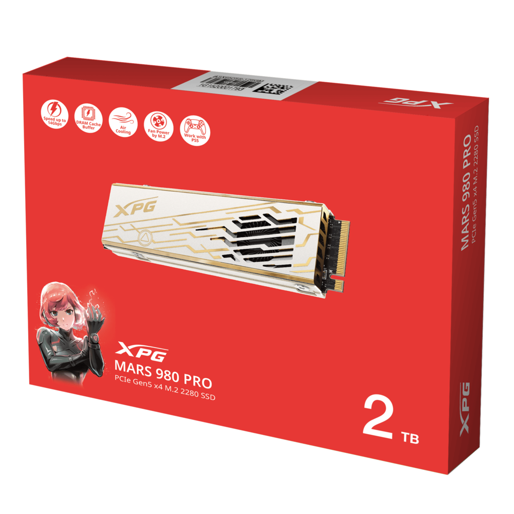 Твердотельный накопитель/ ADATA SSD XPG MARS 980 PRO, 2000GB, M.2(22x80mm), NVMe, PCIe 5.0 x4, 3D NAND, R/W 14000/13000MB/s, IOPs 2 000 000/1 650 000, TBW 1480, DWPD 0.4, with Heat Sink (5 лет)