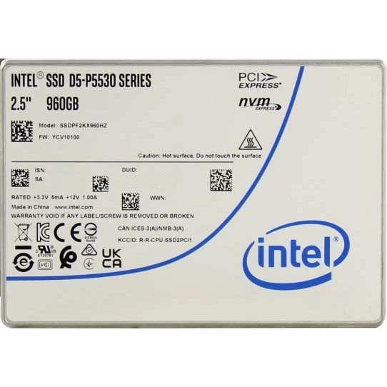Твердотельный накопитель/ Intel SSD D5-P5530 Series, 960GB, U.2(2.5" 15mm), NVMe, PCIe 4.0 x4, TLC, R/W 5500/1600MB/s, IOPs 300 000/75 000, TBW 1700, DWPD1 (12 мес.)