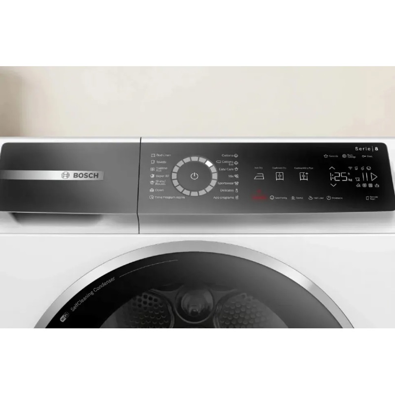 Сушильная машина BOSCH, 8 серия, тепловой насос, загрузка 9 кг, сенсорное управление, дисплей, отложенный старт, 14 программ, класс энергоэффективности : A+++, Габариты: 842 х 598 х 613 мм, цвет белый