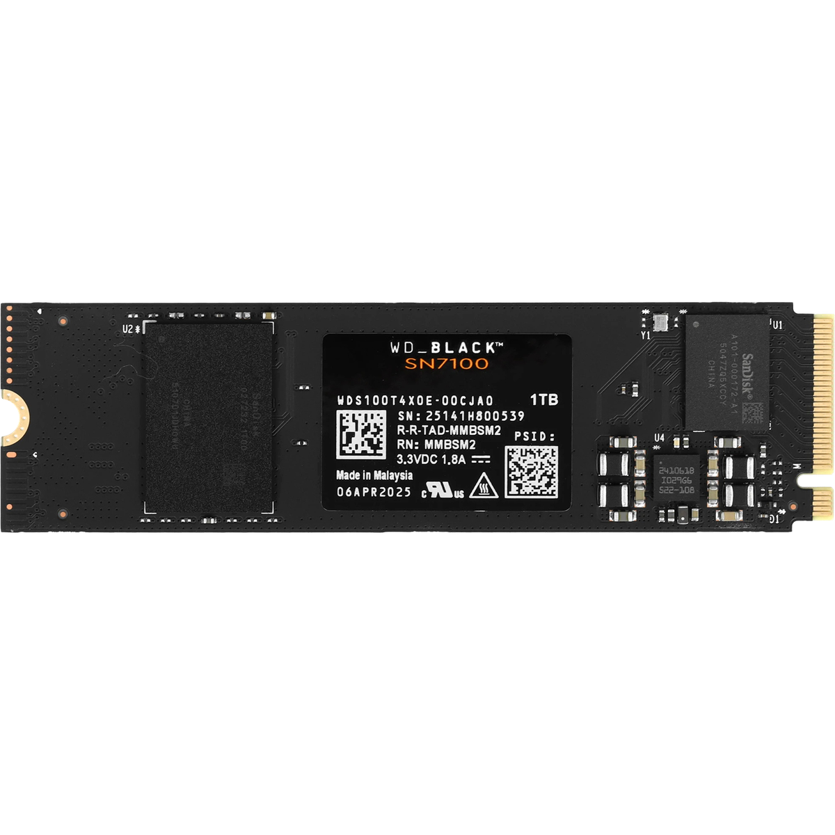 Твердотельные накопители/ WD SSD Black SN7100, 1000GB, M.2(22x80mm), NVMe, PCIe 4.0 x4, 3D TLC, R/W 7250/6900MB/s, IOPs 1 000 000/1 400 000, TBW 600, DWPD 0.3 (12 мес.)