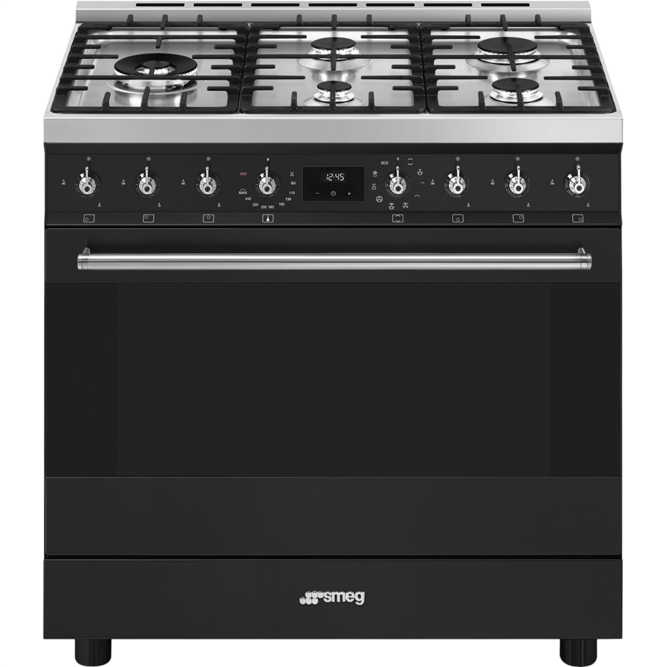 Варочный центр Smeg/ Варочный центр Smeg, Classica, серия Sinfonia, 90х60 см, газовая варочная поверхность, электрическая духовка, 5 конфорок, объем духовки 115 л, галогеновая подсветка, электромеханический контроль температуры, автоматический электроподжиг, газ-контроль, энергоэффективность А, цвет матовый черный/нержавеющая сталь