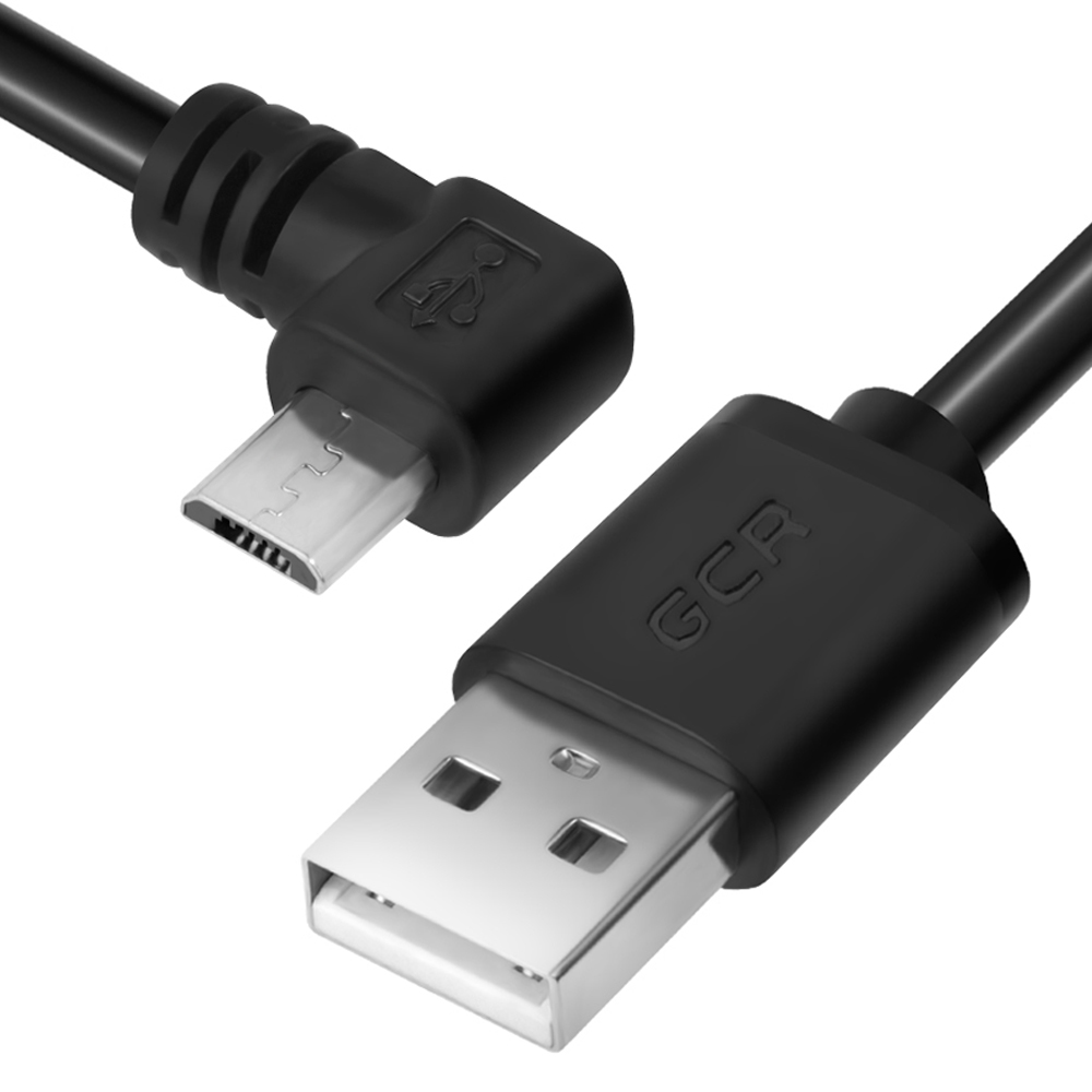 GCR Кабель 0.5m AM / microUSB угловой левый, черный, медь, 28/28 AWG