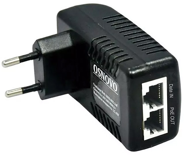 Osnovo - PoE-инжектор Fast Ethernet на 1 порт. Совместим с оборудованием PoE IEEE 802.3af. Мощность PoE на порт - до 15.4W. Напряжение PoE - 50V(конт. 4,5(+), 7,8(-)). Порты: вх. - 1 x RJ45(10/100 Base-T), вых. 1 x RJ45(10/100 Base-T, PoE, 50V). Питание: AC100-240V. Не требует монтажа, устанавливается на электрическую розетку. Размеры (ШхВхГ): 83x31x45мм. Рабочая температура -20...+40 гр.С.