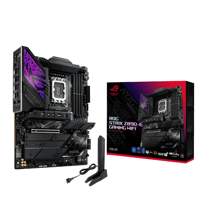 Материнская плата ASUS ROG STRIX Z890-E GAMING WIFI, LGA 1851, Intel Z890, 4xDDR5, 4xSATA, 7xM.2, 1xPCIe 5.0 x16, 1xPCIe 4.0 x16, 1xHDMI, 1xDP, 2xUSB-C Thunderbolt 4, 7xUSB-A 3.2 Gen 2, 3xUSB-A 3.2 Gen 1, 2xUSB-C 3.2 Gen 2x2, 1x 5Gb LAN, 2x3.5 мм, 7.1, ATX
