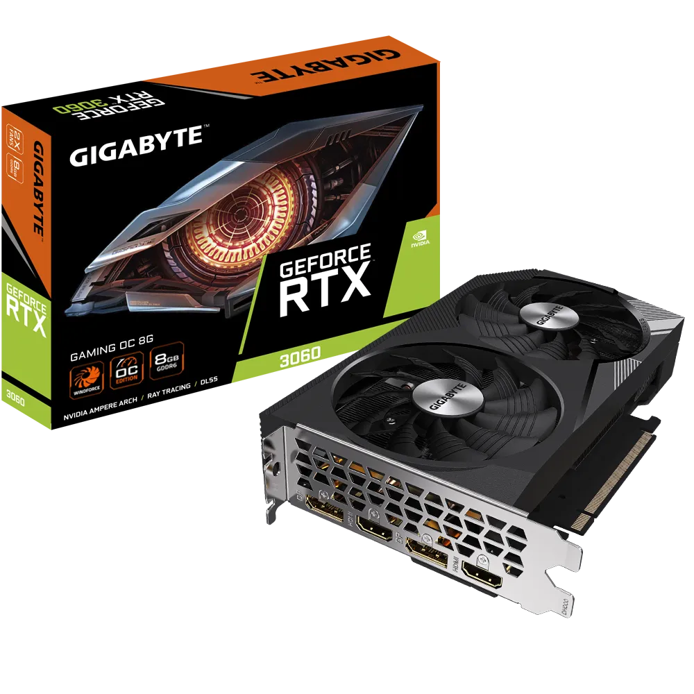Видеокарта Gigabyte NVIDIA - GeForce RTX 3060 Gaming OC, PCI-E 4.0 16x, GDDR6 8GB 128bit, 2x HDMI, 2x DP, max 7680 x 4320, 198мм, Full Height, GV-N3060GAMING OC-8GD