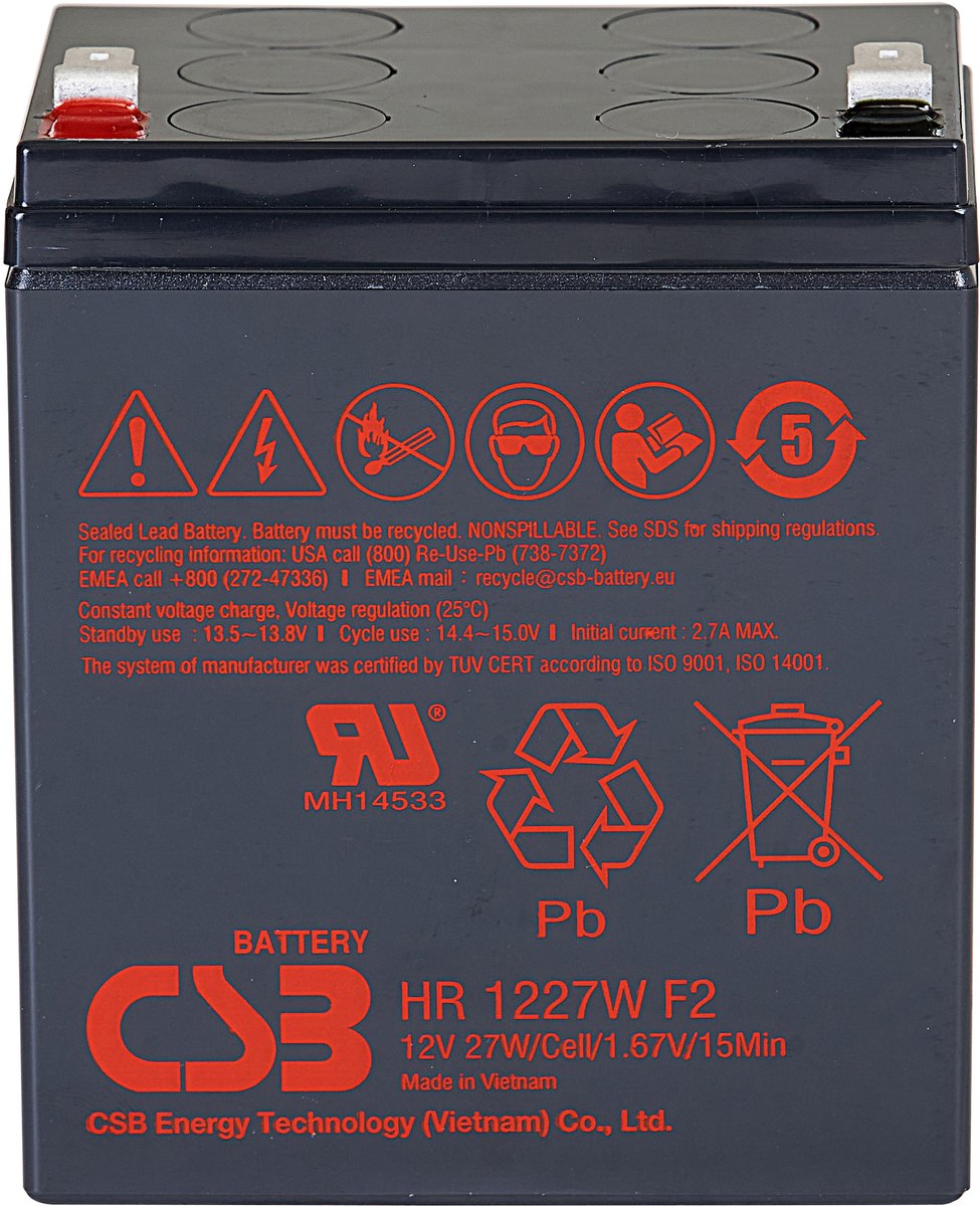 Батарея CSB серия HR, HR1227W F2, напряжение 12В, емкость 6.75Ач (разряд 20 часов), 27 Вт/Эл при 15-мин. разряде до U кон. - 1.67 В/Эл при 25 °С,  макс. ток разряда (5 сек.) 130А, ток короткого замыкания 424А, макс. ток заряда 2.7A, свинцово-кислотная типа/ Battery CSB series HR, HR1227W F2, voltage 12V, capacity 27 W/C at 15 min. discharge to U fin. - 1.67 V/Cel at 25°C, (discharge 20 hours), max. discharge current (5 sec.) 130A, short circuit current 424A, max. charge current 2.7A, lead-acid t
