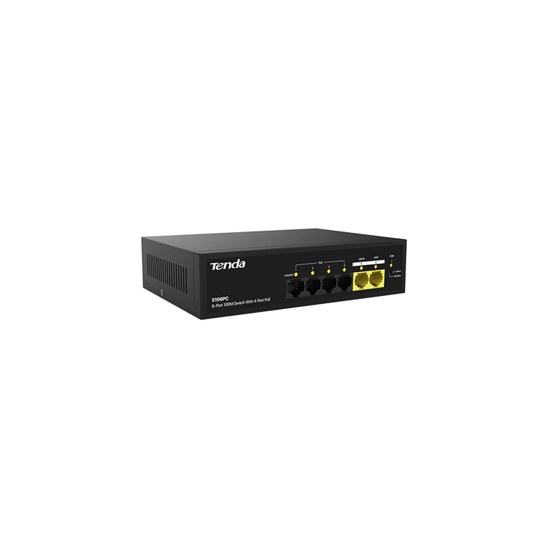 Коммутатор/ Tenda S106PC Коммутатор неуправляемый PoE, 6 портов, 5x100 Мбит/с, PoE 4х до 30 Вт, настольный