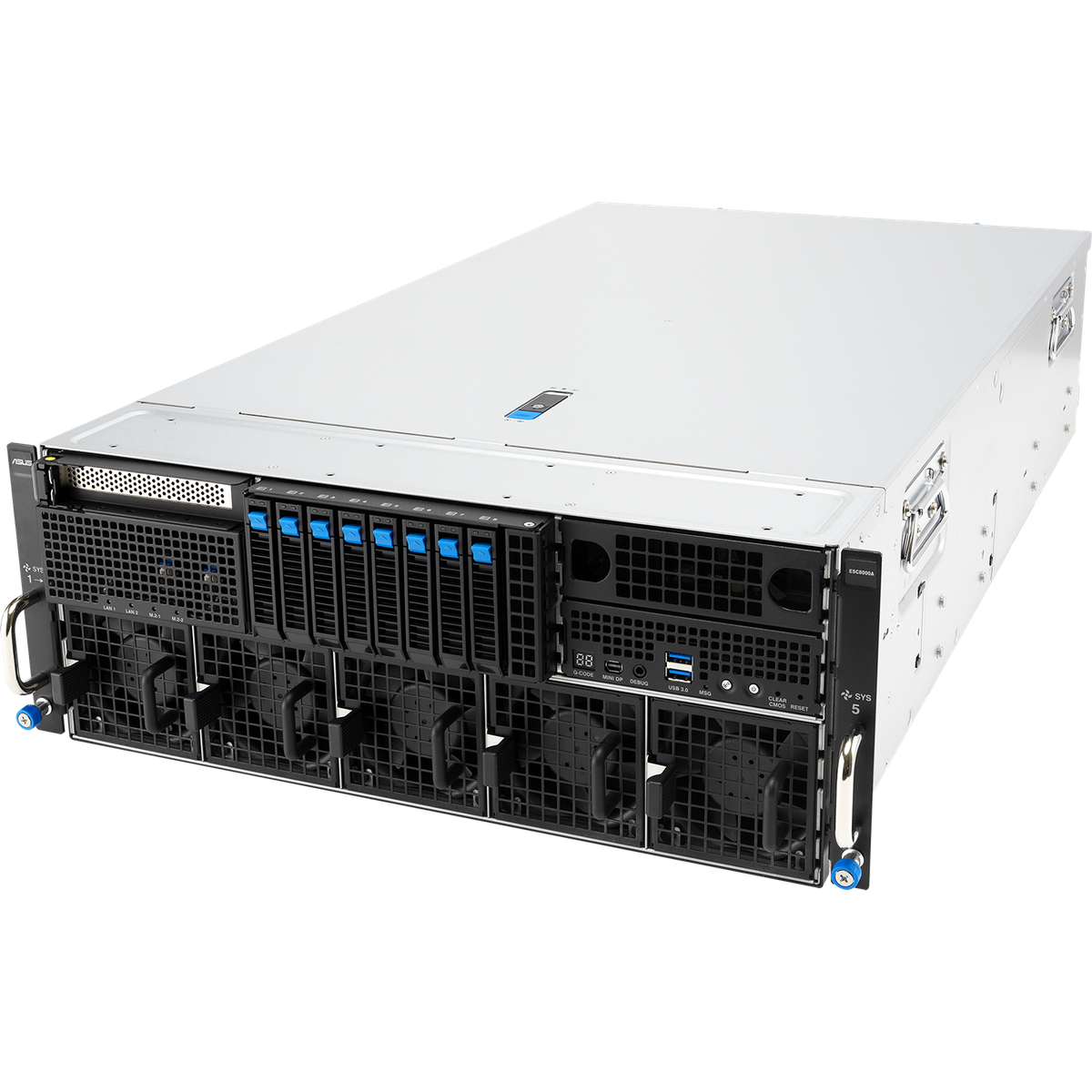 Серверная платформа/ ASUS ESC8000A-E13 SKU2, 4U, 2x SP5 LGA6096 (500W), 24x DDR5 6400, 4x 2.5 NVME + 4x 2.5 SATA/SAS*, Up to 11 slots, 8 x PCIe x16 for 2-slot GPU, 1 x PCIe x16 for NIC/BlueField-3 card, 1 x PCIe x16 for NIC, 1 x PCIe x16 for HBA/RAID card, 1 x Management Port, 3+1 3200W