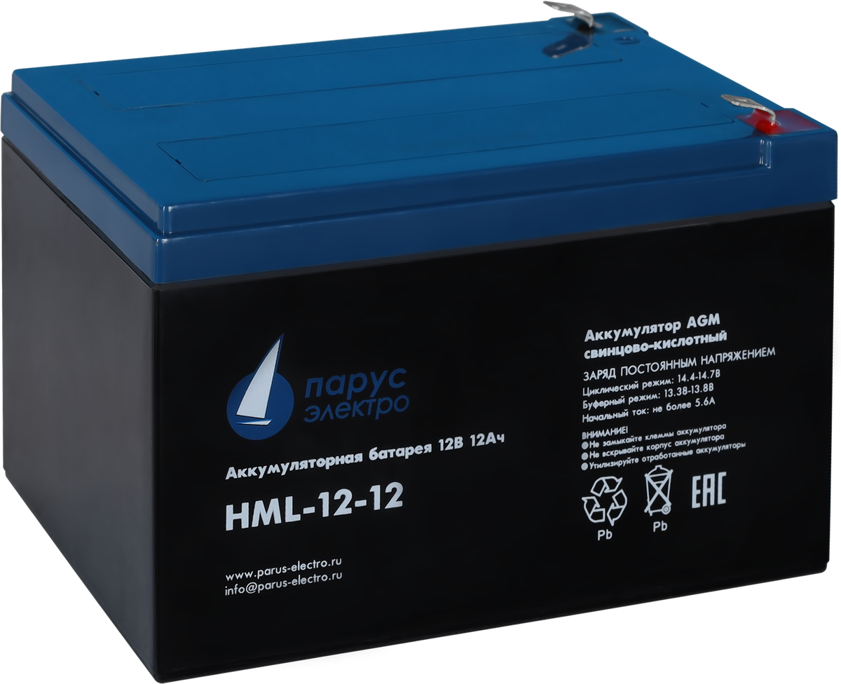 Battery Parus Electro, professional series HML-12-12, voltage 12V, capacity 12Ah (discharge 20 hours), max. discharge current (5sec) 180A, max. charge current 4.8A, lead-acid type AGM, terminals F2, LxWxH 151x98x95mm., full height with terminals 101mm., weight 4kg., service life 12 years.