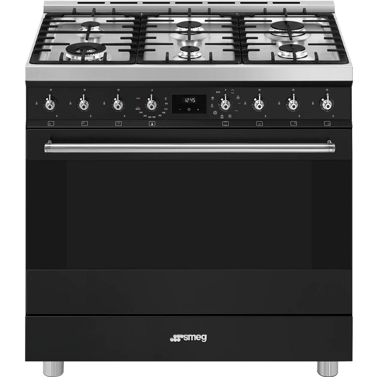 Варочный центр Smeg/ Варочный центр Smeg, Classica, серия Sinfonia, газовая варочная панель, сенсорное управление, таймер, акустический сигнал окончания приготовления, объем духовки 115 л, галогенное освещение, 3 стекла в дверце, энергоэффективность А, цвет черный матовый/нержавеющая сталь