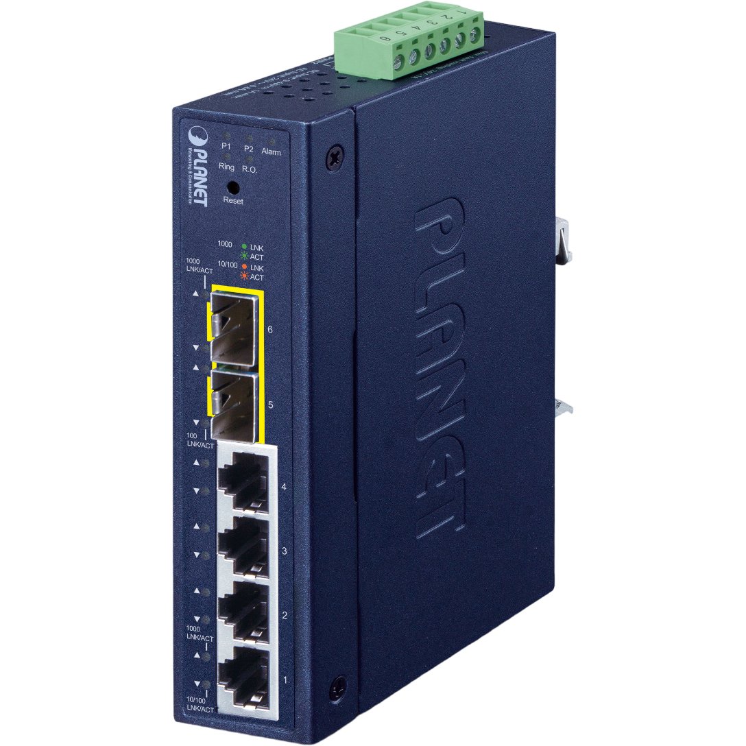 коммутатор/ PLANET IGS-4215-4T2S IP30 Industrial L2/L4 4-Port 10/100/1000T + 2-Port 100/1000X SFP Managed Switch (-40~75 degrees C, dual redundant power input on 9~48VDC/24VAC terminal block, supports ERPS Ring, CloudViewer app, MQTT and Cybersecurity feature)