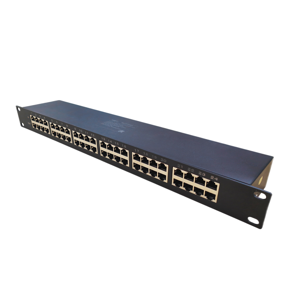 Устройство грозозащиты Gigabit Ethernet PoE на 24 канала/ Устройство грозозащиты Gigabit Ethernet PoE на 24 канала. Тип разъемов: RJ45(8P8C). Поддержка PoE IEEE 802.3af/at/bt до 90W. Скорость передачи данных: 10/100/1000 Мбит/c. Защищаемые пины: 1,2,3,6 4,5,7,8. Двухступенчатая защита: Gas Tube + TVS. Максимальное длительное рабочее напряжение: DC60V. Номинальный ток разряда (8/20 мкс, In): 5kA. Максимальный ток разряда (8/20 мкс, Imax): 10kA. Монтаж в 19" стойку, крепление в комплекте. Размеры 