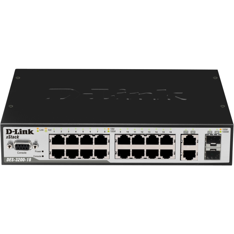 Коммутатор/ DES-3200-18_RFB/A1 Refurbished unit, clean, fully tested, well-packed with power cable and 19' rack mounts.Managed L2 Switch 16x100Base-TX, 2xCombo 1000Base-T/SFP, Surge 6KV, CLI, RS-232 Console, Dying Gasp, H/W A1.