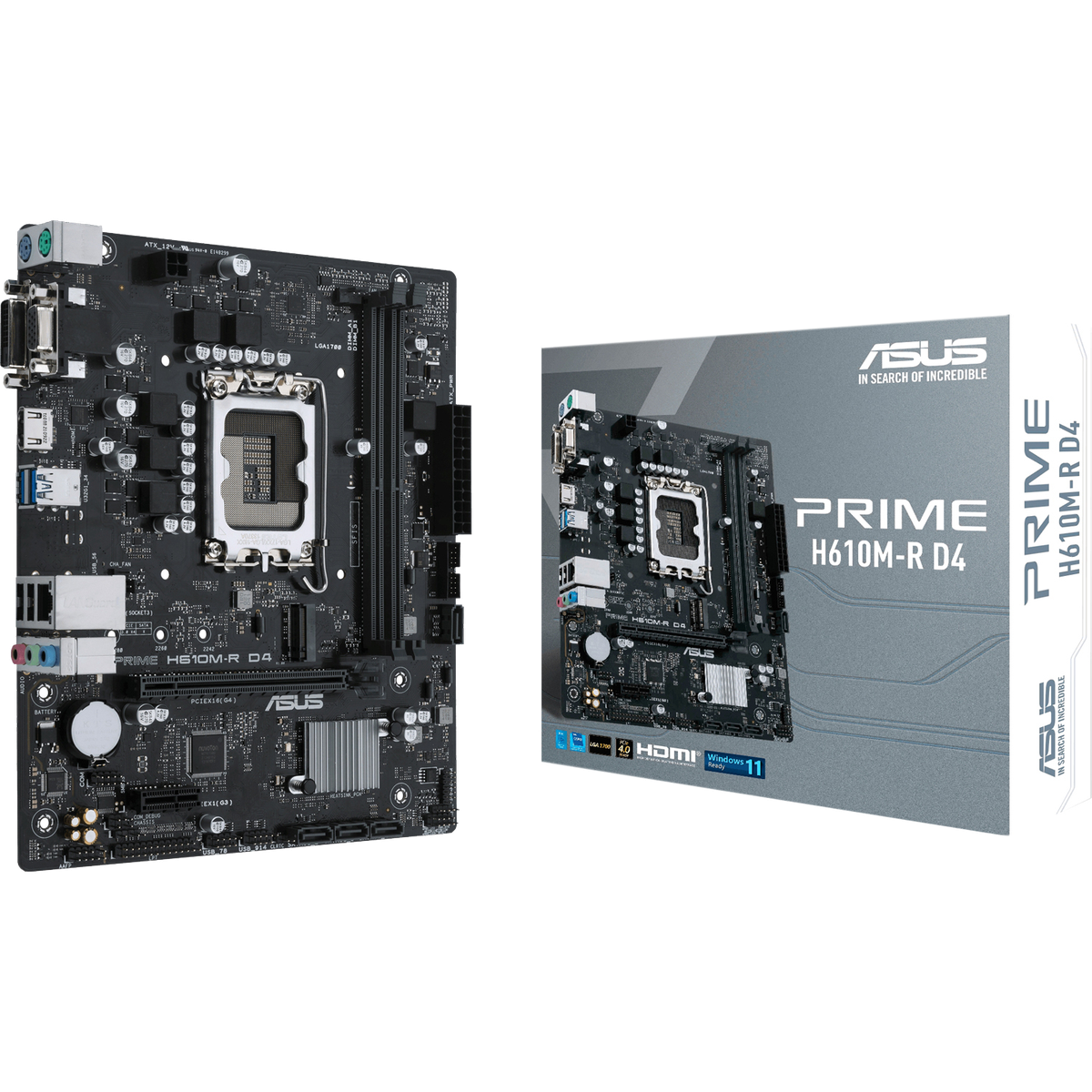 Материнская плата ASUS PRIME H610M-R D4-SI, LGA1700, H610, 2*DDR4, 4*SATA, 1*M.2, 4*USB 3.2, 1*PCIx16, 1*PCIx1, VGA+HDMI+DVI-D, mATX; 90MB1B40-M0ECY0