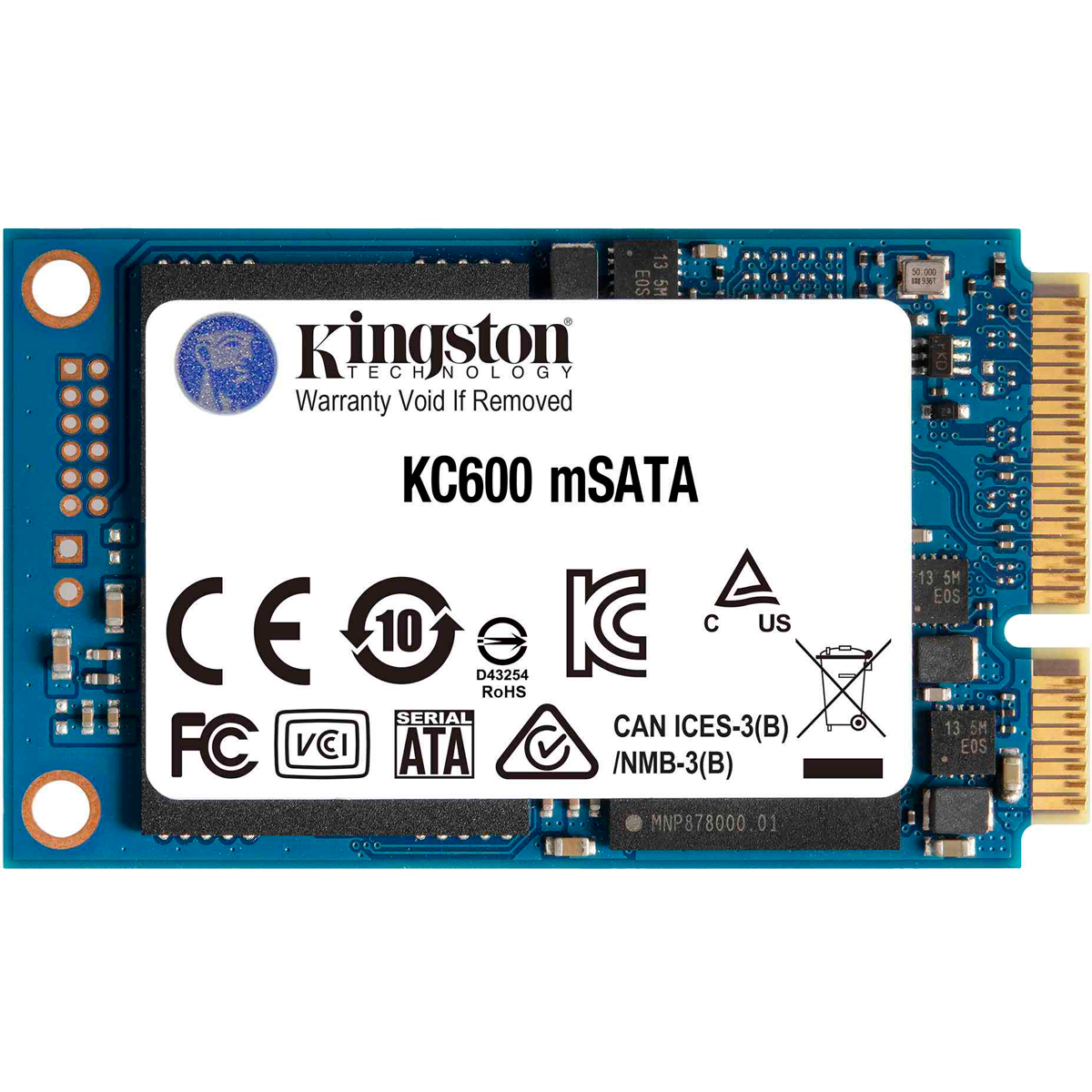 Твердотельный накопитель/ Kingston SSD KC600, 512GB, mSATA, SATA3, 3D TLC, R/W 550/520MB/s, IOPs 90 000/80 000, DRAM buffer 512MB, TBW 300, DWPD 0.32 (12 мес)