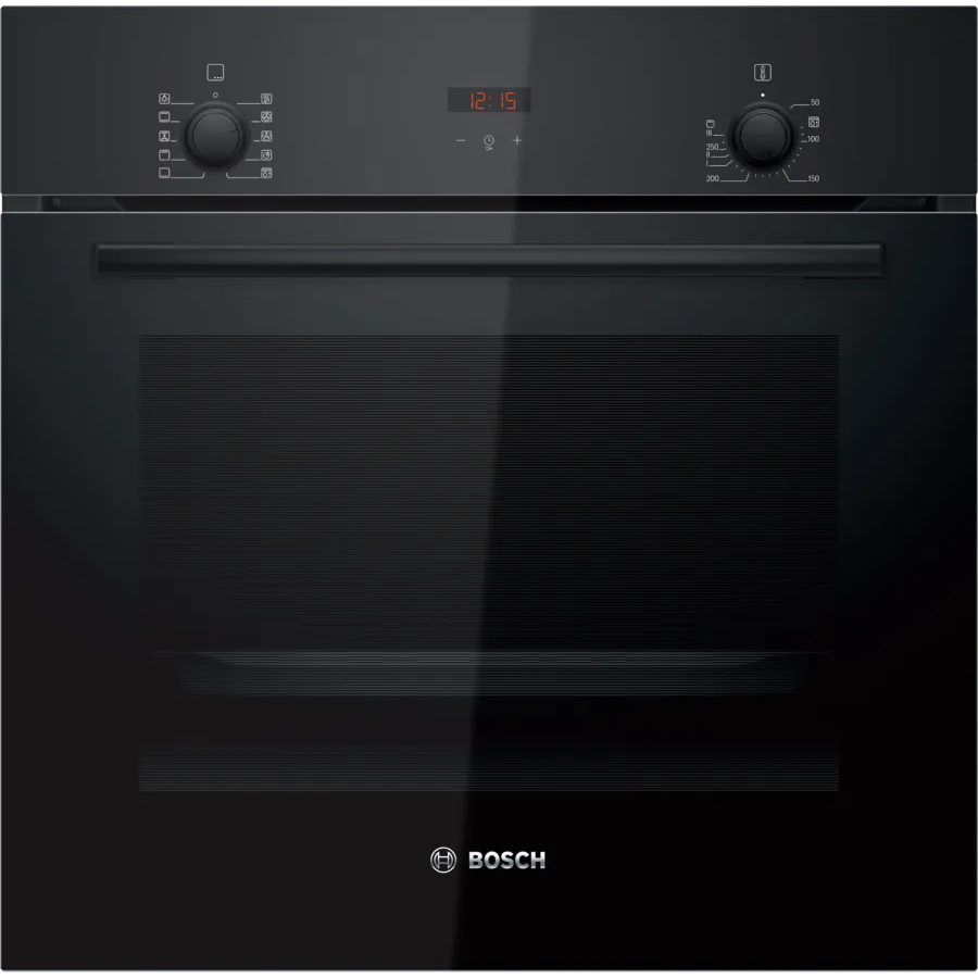 Духовой шкаф электрический Bosch HBF512BB1T Serie 2, духовой шкаф, черный, класс энергоэффективности А, 7 режимов, 3-х слойное остекление, LED-дисплей, утапливаемые переключатели, галогенное освещение, проволочные направляющие, сделано в Турции,