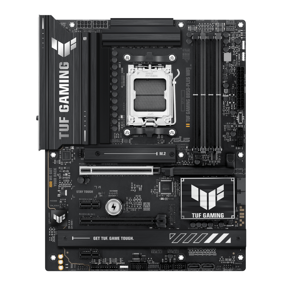 Материнская плата ASUS TUF GAMING B850-PLUS WIFI, Socket AM5, AMD B850, 4xDDR5, 4xSATA, 3xM.2, 1xPCIe 5.0 x16, 1xPCIe 4.0 x16, 2xPCIe 4.0 x1, 1xHDMI, 1xDP, 1x 2.5Gb LAN, Wi-Fi 7, 3xUSB-A 10Gbps, 4xUSB-A 5Gbps, 1xUSB-C 20Gbps, 2xUSB-A 2.0, 5x3.5 мм, 7.1, ATX