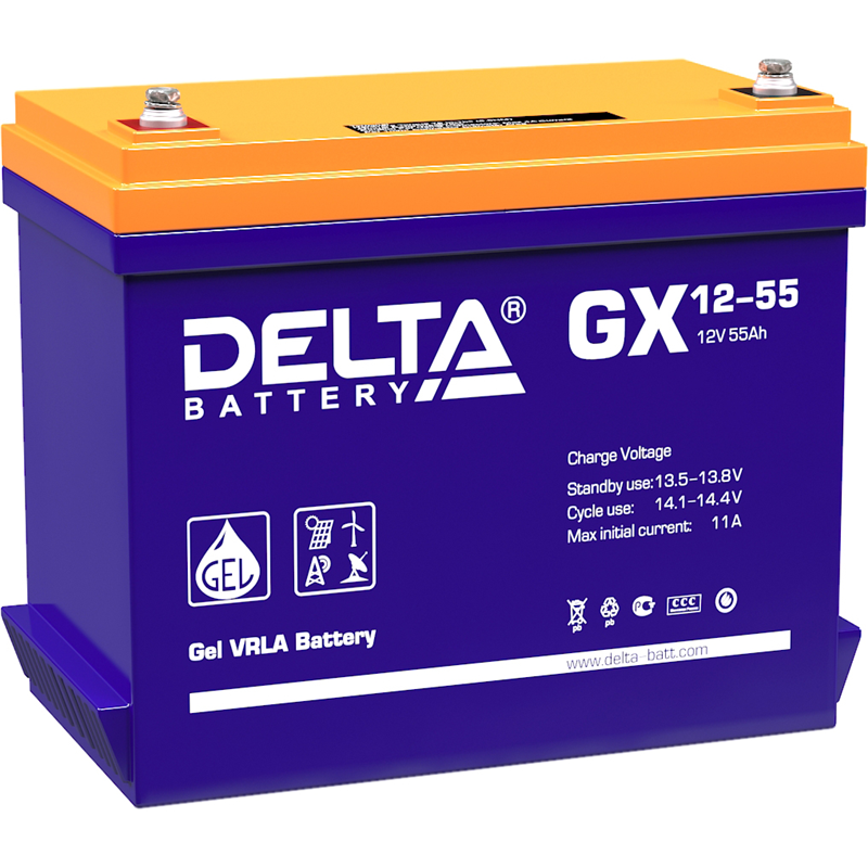 Батарея DELTA серия GX, GX 12-55, напряжение 12В, емкость 55Ач (разряд 20 часов),  макс. ток разряда (5 сек.) 550А, макс. ток заряда 10.9А, свинцово-кислотная типа GEL, клеммы под болт М6, ДxШxВ 239х132х205мм., вес 17.3кг., срок службы 15 лет./ Battery DELTA series GX, GX 12-55, voltage 12V, capacity 55Ah (discharge 20 hours), max. discharge current (5 sec.) 550A, max. charge current 10.9A, lead-acid GEL type, M6 bolt terminals, LxWxH 239x132x205mm, weight 17.3kg, service life 15 years.