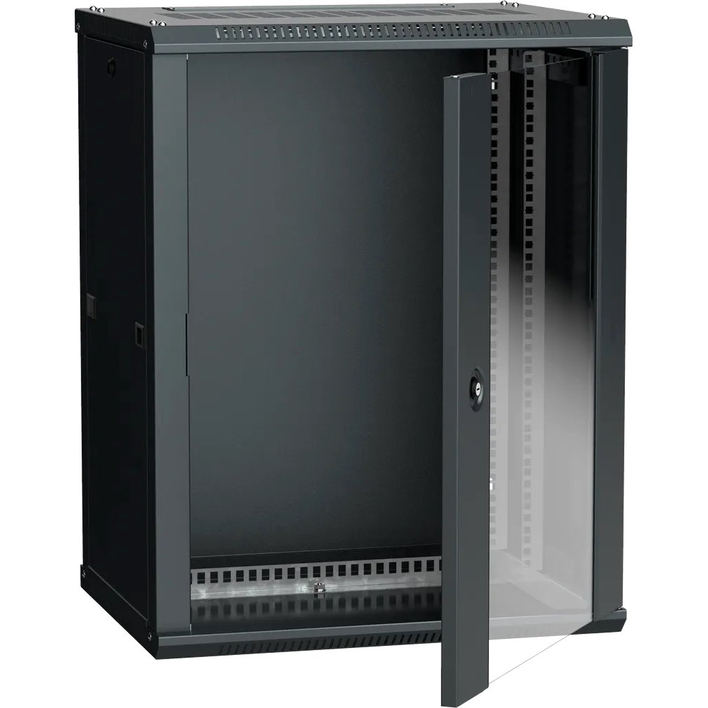 19" настенный шкаф 12U 600x450, стекл. передняя дверь, черный (плоск. упак)