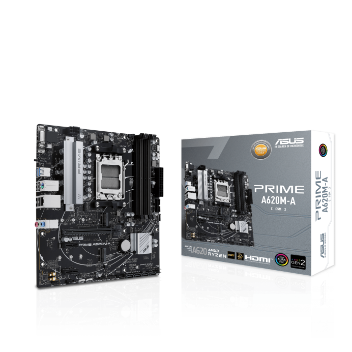 Материнская плата ASUS PRIME A620M-A-CSM, AM5, AMD A620, 2xDDR5, 4xSATA, 2xM.2, 1xPCI-E 4.0 x16, 1xHDMI, 1xDP, 1xVGA, 1x 1Gb LAN, 2xUSB-A 3.2 Gen 1, 4xUSB-A 2.0, 3x3.5 мм, 7.1, Micro-ATX