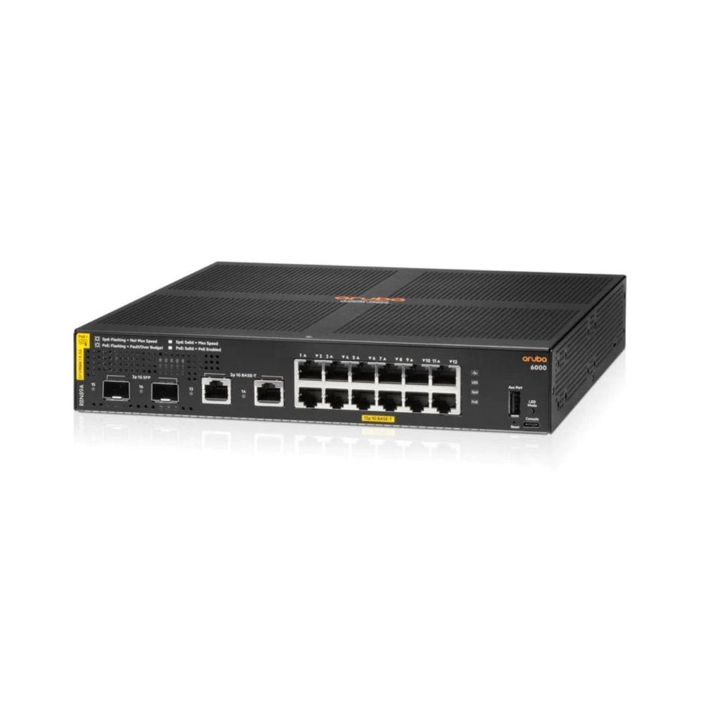 Коммутатор Управляемый HPE - Aruba 6000 12G Class4 PoE 2G/2SFP, Layer 2, 12-PoE, 14-1GbE, 2-SFP, ROM-16384MB, RAM-4096MB, SNMP, Web, CLI, в стойку, чёрный, R8N89A
