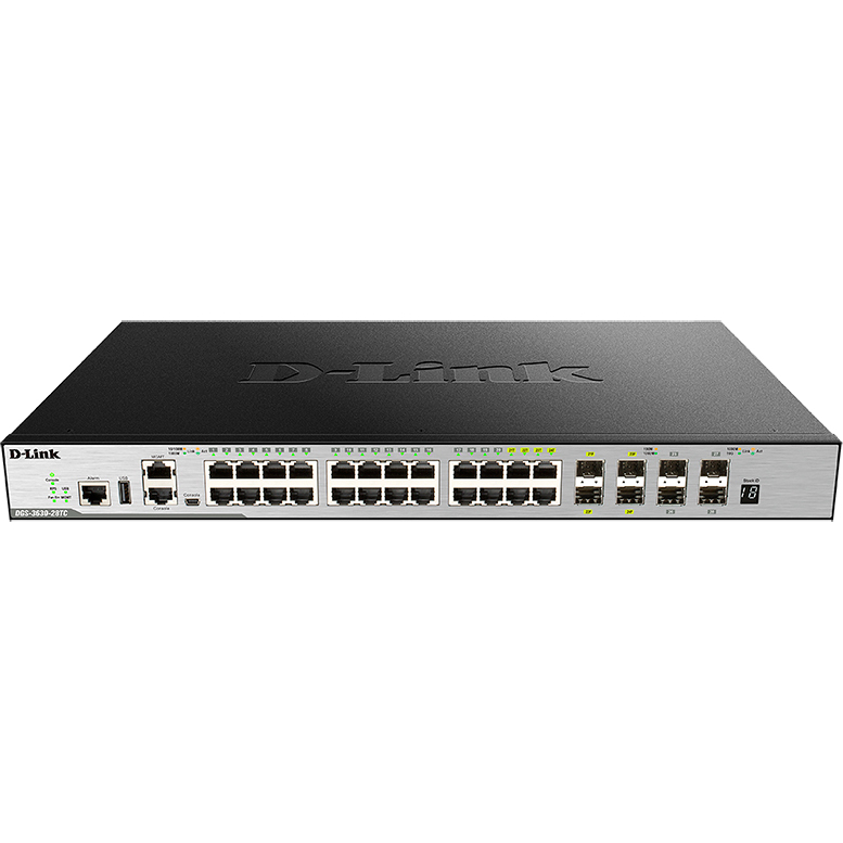 Коммутатор/ DGS-3630-28TC/A1ASI,DGS-3630-28TC/*SI Managed L3 Stackable Switch 20x1000Base-T, 4x10GBase-X SFP+, 4xCombo 1000Base-T/SFP, Surge 6KV, CLI, 1000Base-T Management, RJ45 Console, mini-USB Console, USB, RPS, Alarm RJ-45, Dying Gasp, Standard Image F/W