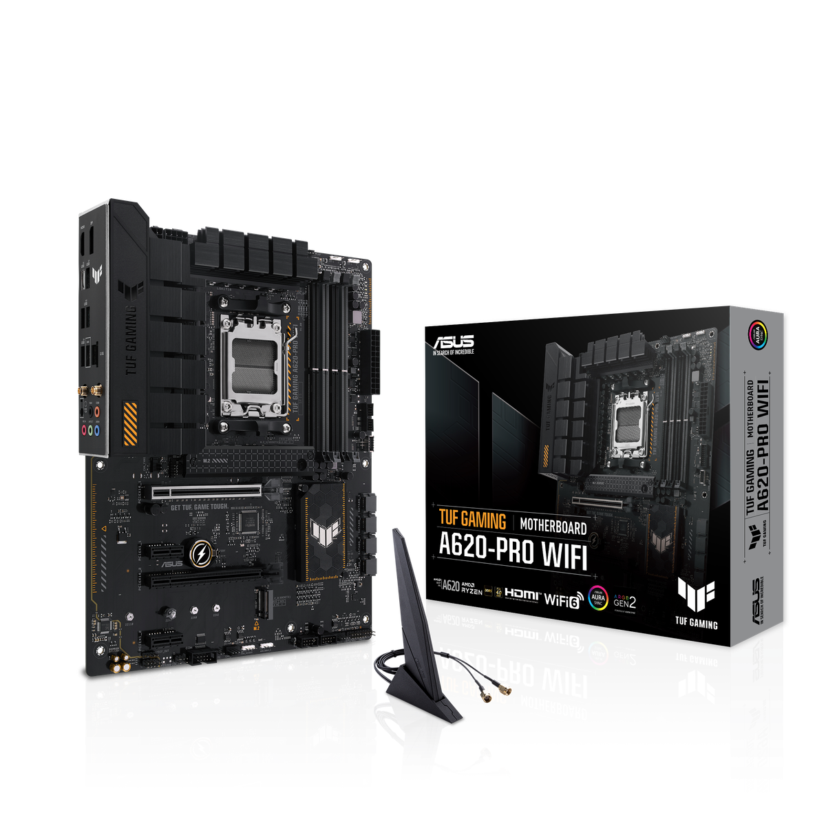 Материнская плата ASUS TUF GAMING A620-PRO WIFI, AM5, AMD A620, 4xDDR5, 4xSATA, 2xM.2, 1xPCI-E 4.0 x16, 1xPCI-E 3.0 x16, 2xPCI-E x1, 1xHDMI, 1xDP, 1x 2.5Gb LAN, 3xUSB-A 2.0, 2xUSB-A 3.2 Gen 2, 1xUSB-C 3.2 Gen 1, 5x3.5 мм, 7.1, ATX