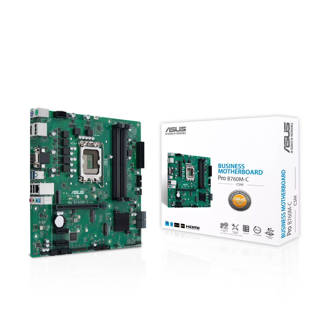 Материнская плата ASUS PRO B760M-C-CSM, LGA 1700, Intel B760, 4xDDR5, 4xSATA, 2xM.2, 1xPCIe 4.0 x16, 2xPCIe 3.0 x1, 1xVGA, 1xHDMI, 2xDP, 1x1Gb LAN, 2xUSB-A 5Gbps, 2xUSB-A 2.0, 3x3.5 мм, 7.1, mATX