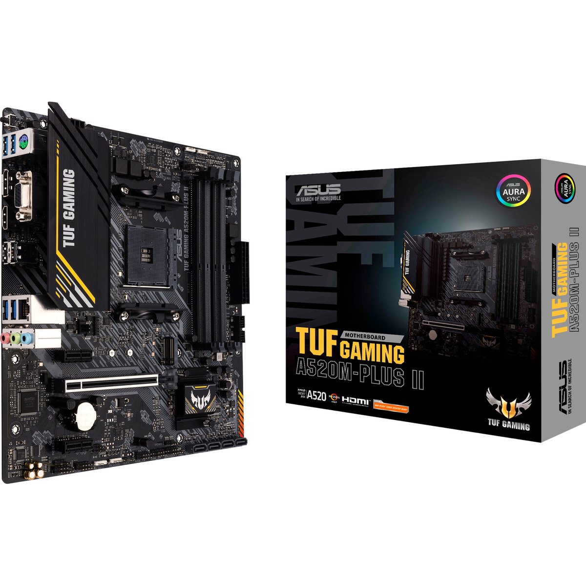 Материнская плата ASUS TUF GAMING A520M-PLUS II, AM4, AMD A520, 4xDDR4, 4xSATA, 1xM.2, 1xPCI-E 3.0 x16, 2xPCI-E x1, 1xHDMI, 1xDP, 1xVGA, 1x 1Gb LAN, 4xUSB 3.2 Gen 1, 2xUSB 2.0, 3x3.5 мм, 7.1, Micro-ATX