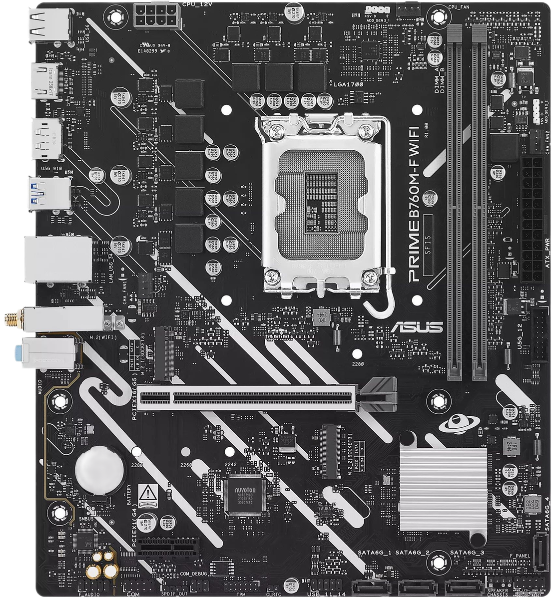 материнская плата ASUS PRIME B760M-F WIFI, LGA1700, B760, 2*DDR5, 4*SATA, 2*M.2, 4*USB 3.2, 2*USB 2.0, 1*PCIx16, 1*PCIx1, HDMI+DP, mATX; 90MB1N00-M0EAY0