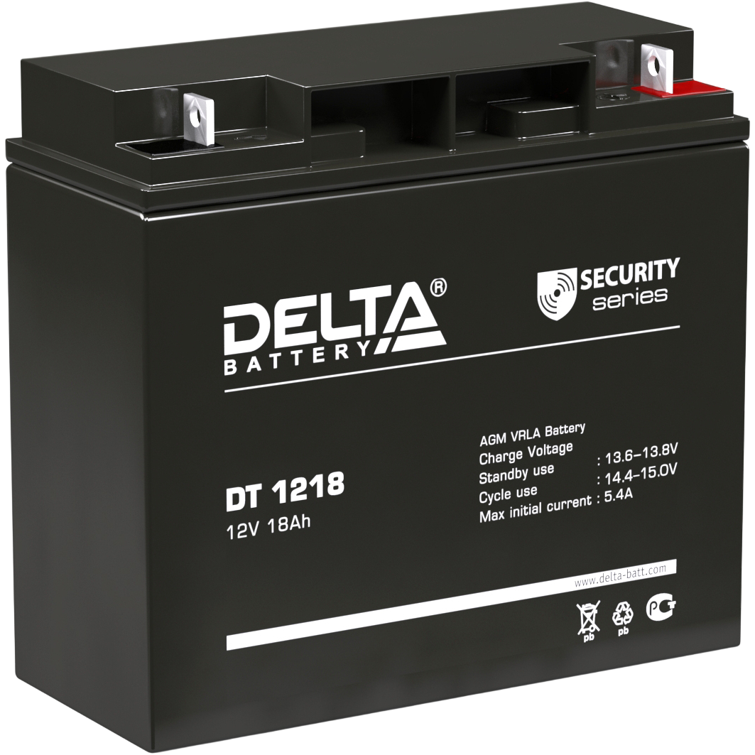 Батарея DELTA серия DT, DT 1218, напряжение 12В, емкость 18Ач (разряд 20 часов),  макс. ток разряда (5 сек.) 250А, макс. ток заряда 5.4А, свинцово-кислотная типа AGM, клеммы под гайку и болт M6, ДxШxВ 181х77х160мм., вес 5.2кг., срок службы 5 лет./ Battery DELTA series DT, DT 1218, voltage 12V, capacity 18Ah (discharge 20 hours), max. discharge current (5 sec.) 250A, max. charge current 5.4A, lead-acid type AGM, terminals for nut and bolt M6, LxWxH 181x77x160mm., weight 5.2kg., service life 5 yea
