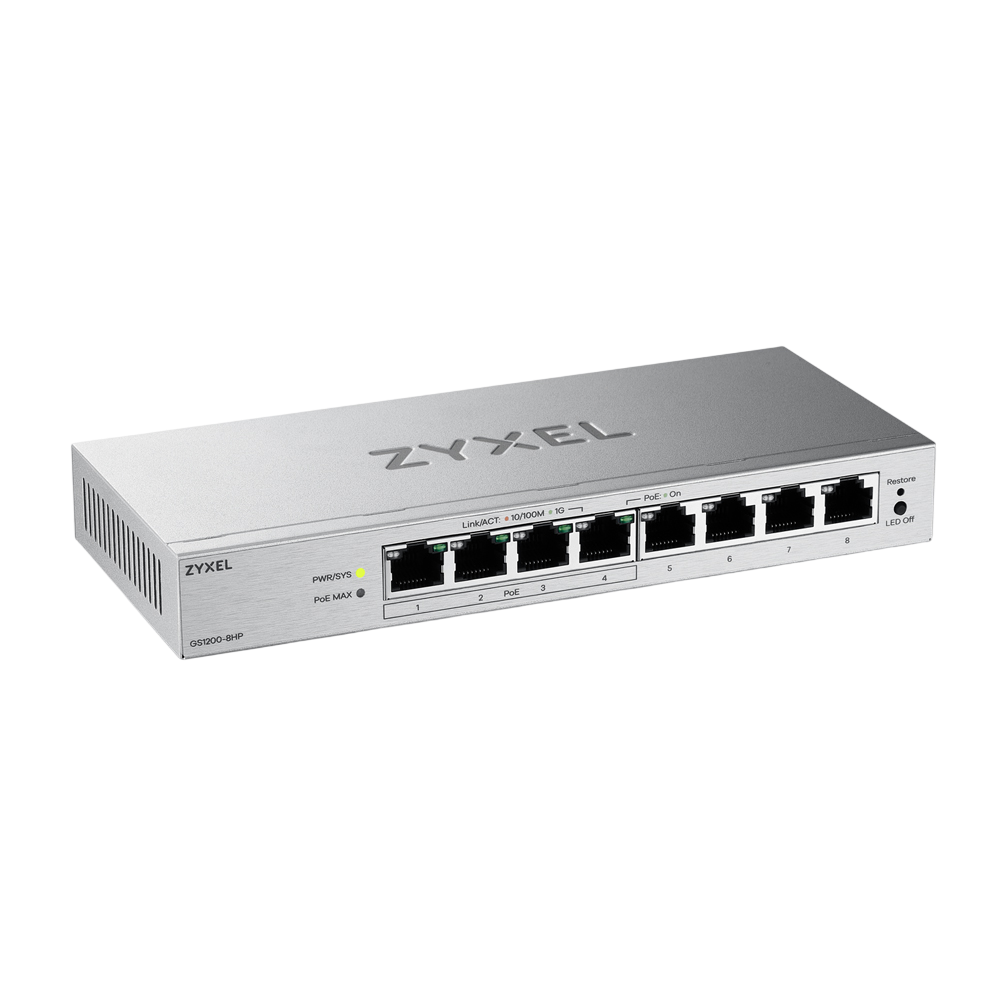 Коммутатор/ ZYXEL Web-managed Gigabit PoE Switch Zyxel GS1200-8HPv3, 8xRJ-45: 1G (4xPoE+), 68W PoE budget, desktop, fanless