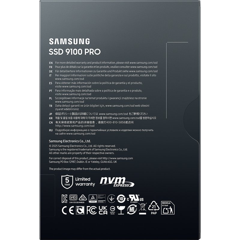 Твердотельный накопитель/ Samsung SSD 9100 PRO, 1000GB, M.2(22x80mm), NVMe 2.0, PCIe 5.0 x4, V-NAND TLC, R/W 14700/13300MB/s, IOPs 1 850 000/2 600 000, TBW 600, DWPD 0.3 (12 мес.)