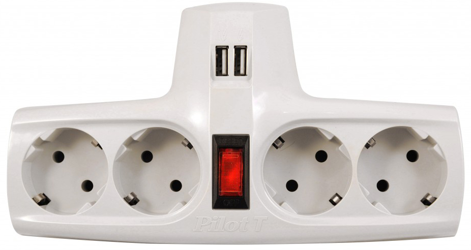 Разветвитель/ Разветвитель ZIS Pilot T USB, 4 розетки (евро с заземлением), 2*USB