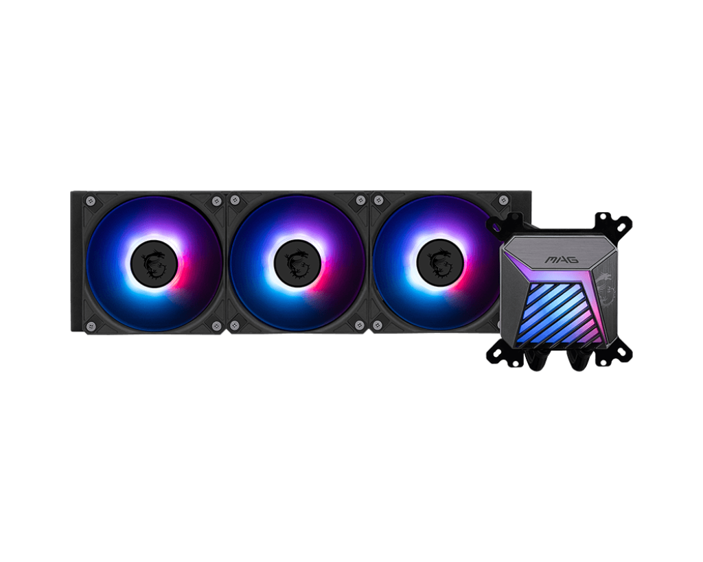 Система жидкостного охлаждения/ Water Cooling System MSI MAG CORELIQUID A15 360 (300W, 360mm, Black, ARGB/ Fans: 3x120mm, 64.89CFM, 28.7dBA, 2050RPM/ Pump 20dBA, 3400RPM, Rad thickness 27mm/ S: 1851, 1700, AM5, AM4)