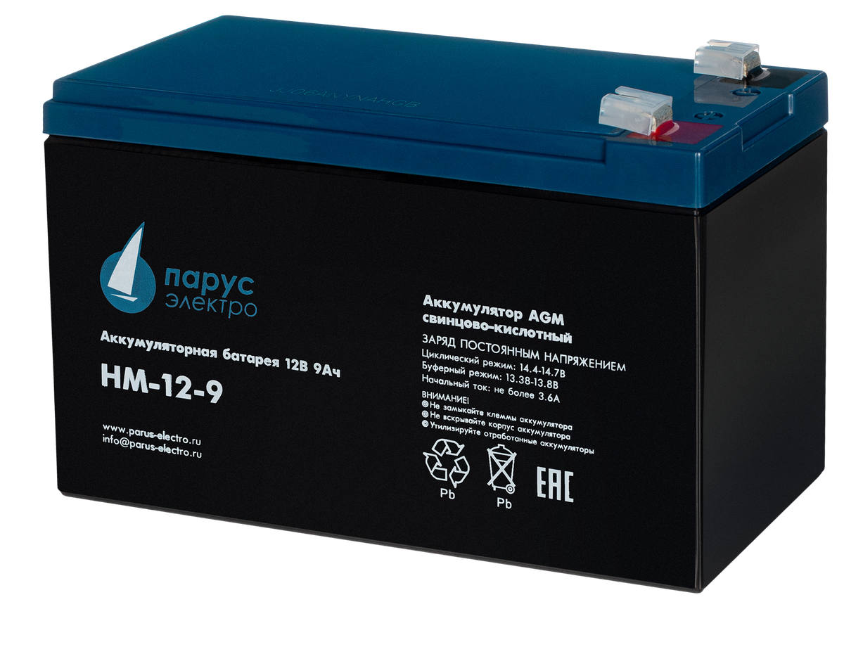 Battery Parus Electro, standard series HM-12-9, voltage 12V, capacity 9Ah (discharge 20 hours), max. discharge current (5sec) 135A, max. charge current 3.6A, lead-acid type AGM, terminals F2, LxWxH 151x65x94mm., total height with terminals 100mm., weight 2.65kg., service life 6 years.