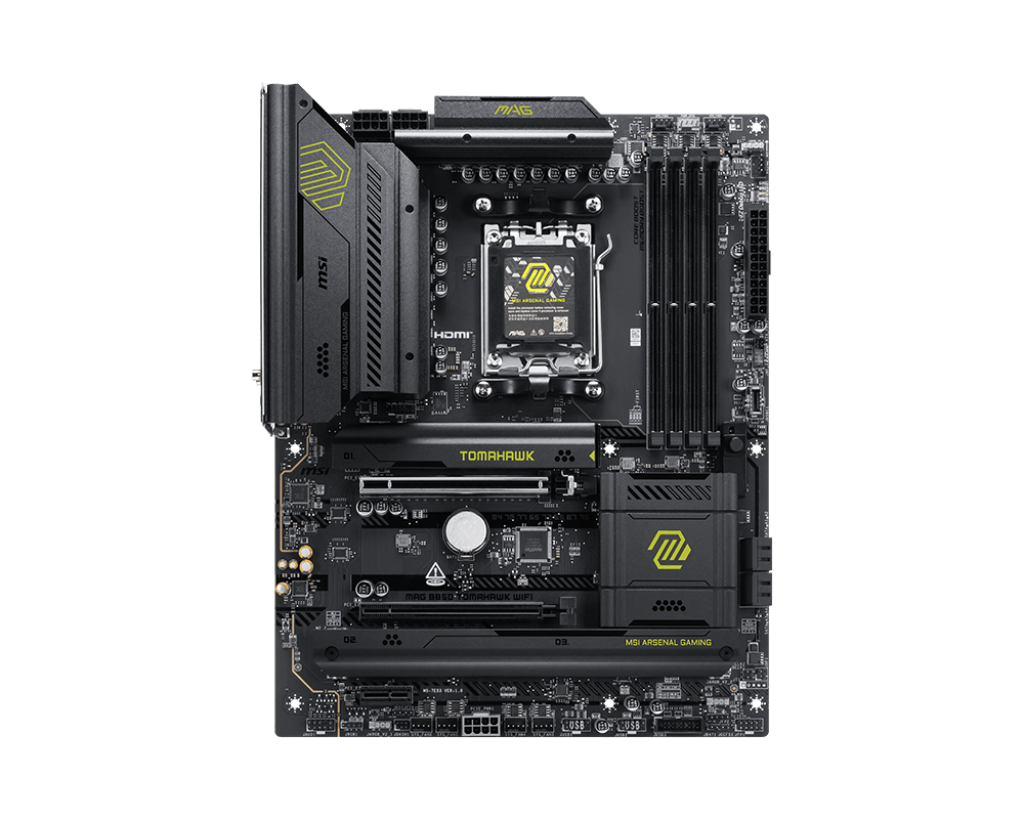 Материнская плата MSI MAG B850 TOMAHAWK WIFI, AM5, AMD B850, 4xDDR5, 4xSATA, 3xM.2, 1xPCIe 5.0 x16, 1xPCIe 4.0 x16, 1xPCIe x1, 1xHDMI, 1xDP, 1x5Gb LAN, Wi-Fi 7, Bluetooth 5.4, 1xUSB-C 20Gbps, 1xUSB-C 10Gbps, 2xUSB-A 10Gbps, 2xUSB-A 5Gbps, 4xUSB-A 2.0, 3x3.5 мм + S/PDIF оптический, 7.1, чёрный, ATX