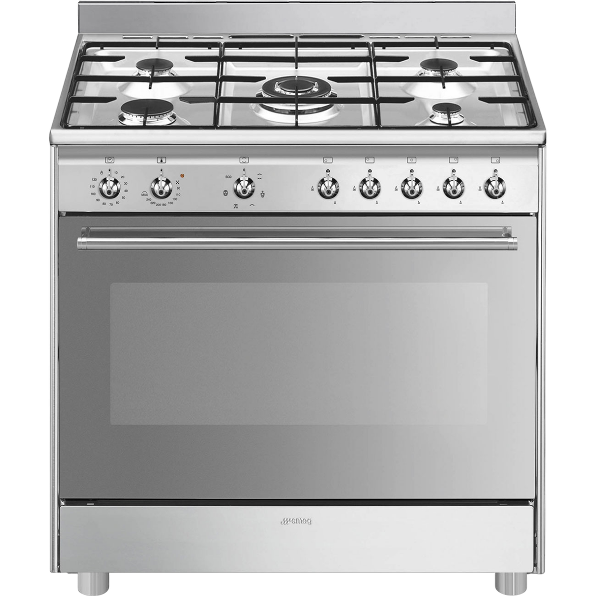 Варочный центр Smeg/ Варочный центр Smeg, Classica, серия Concerto, 90х60 см, газовая варочная поверхность, электрическая духовка, 5 конфорок, объем духовки 115 л, галогеновая подсветка, электромеханический контроль температуры, автоматический электроподжиг, газ-контроль, энергоэффективность А, цвет нержавеющая сталь