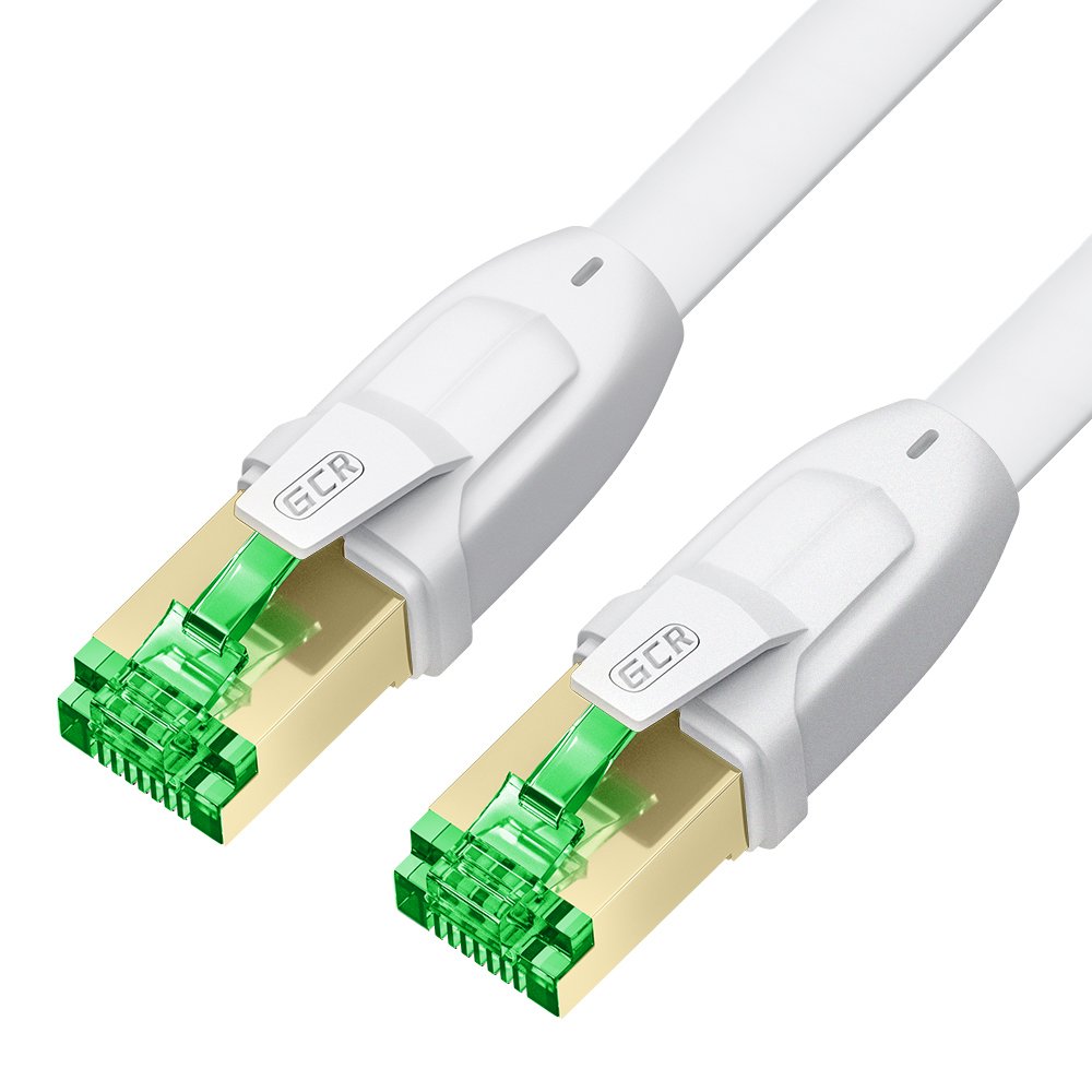 GCR PRO Патч-корд 10.0m LSZH PROF плоский прямой кат.7 ethernet, FTP, медь, белый, литой, экранированные коннекторы 24K GOLD, RJ45, T568B