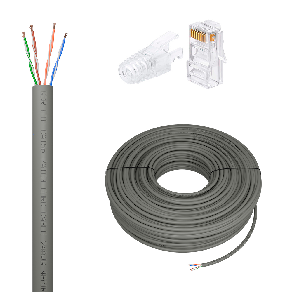 GCR PRO Кабель LAN DIY витая пара 50m в бухте, UTP кат.5e, CCA многопроволочный, cерый + Коннектор RJ-45 8p8c сборный 20шт., GCR-56972