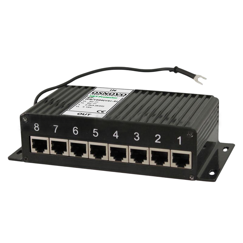 Устройство грозозащиты OSNOVO SP-IP8/1000(ver.2) Устройство грозозащиты для локальной вычислительной сети (скорость до 1000 Мбит/с) на 8 портов. Двухступенчатая защита. Максимальное длительное рабочее напряжение (Uc) 6V. Но