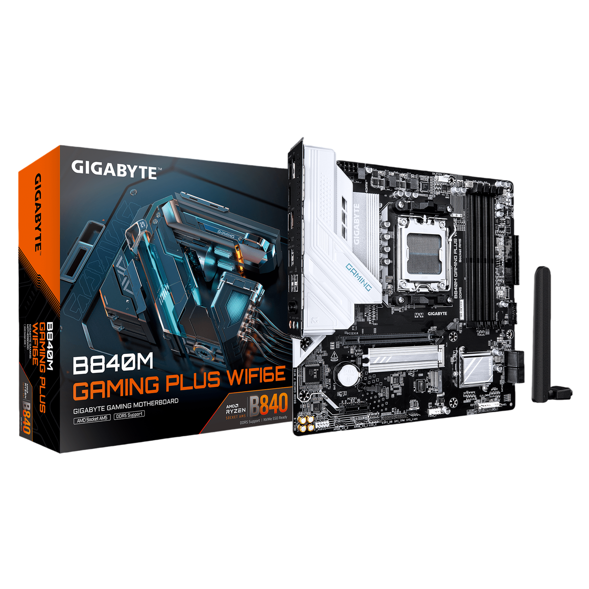 Материнская плата Gigabyte B840M GAMING PLUS WIFI6E, AM5, AMD B840, 4xDDR5, 4xSATA, 2xM.2, 1xPCIe 4.0 x16, 1xPCIe x1, 1xHDMI, 2xDP, 1x1Gb LAN, Wi-Fi 6E, Bluetooth 5.3, 1xUSB-C 10Gbps, 1xUSB-C 5Gbps, 1xUSB-A 10Gbps, 1xUSB-A 5Gbps, 3xUSB-A 2.0, 3x3.5 мм, 7.1, mATX