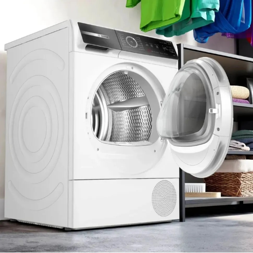 Сушильная машина BOSCH, 8 серия, тепловой насос, загрузка 9 кг, сенсорное управление, дисплей, отложенный старт, 14 программ, класс энергоэффективности : A+++, Габариты: 842 х 598 х 613 мм, цвет белый